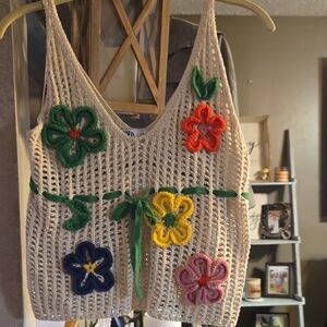 Zara Cream Tank Top with Multicolor Floral Crochet 🔥🔥